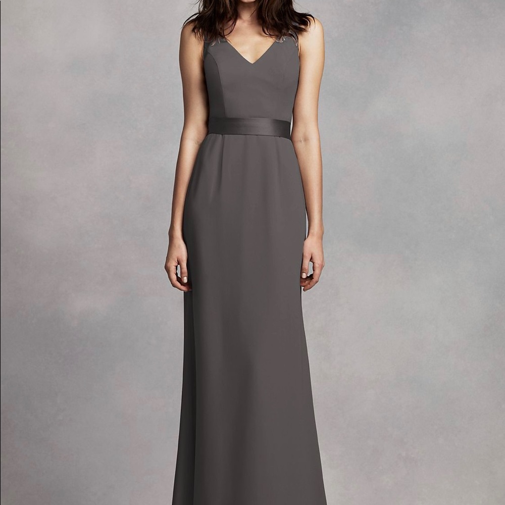 Long V Neck Crepe Gown with Open Back
